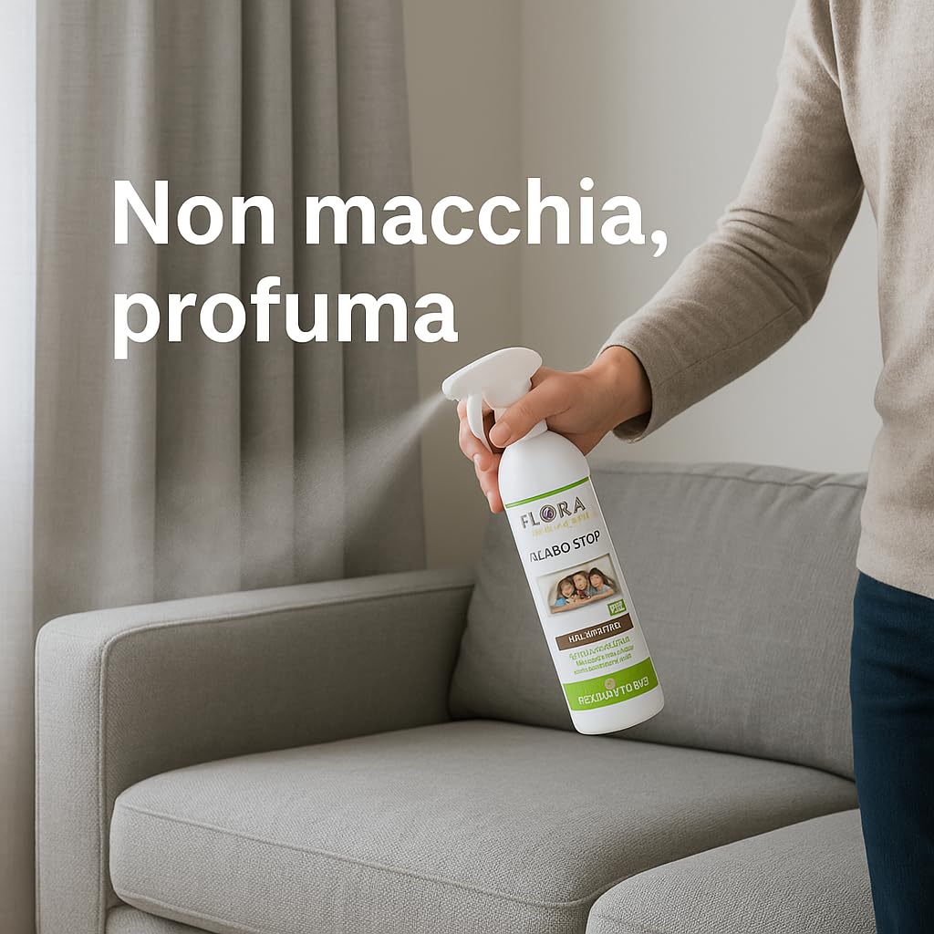 FLORA Acaro Stop Spray Antiacaro BIO-ICEA 200 ml – 15 Oli Essenziali 100% Puri + Olio di Neem, Protegge da Acari della Polvere, Non Macchia Tessuti, Uso su Materassi, Cuscini, Tappeti, Casa & Auto