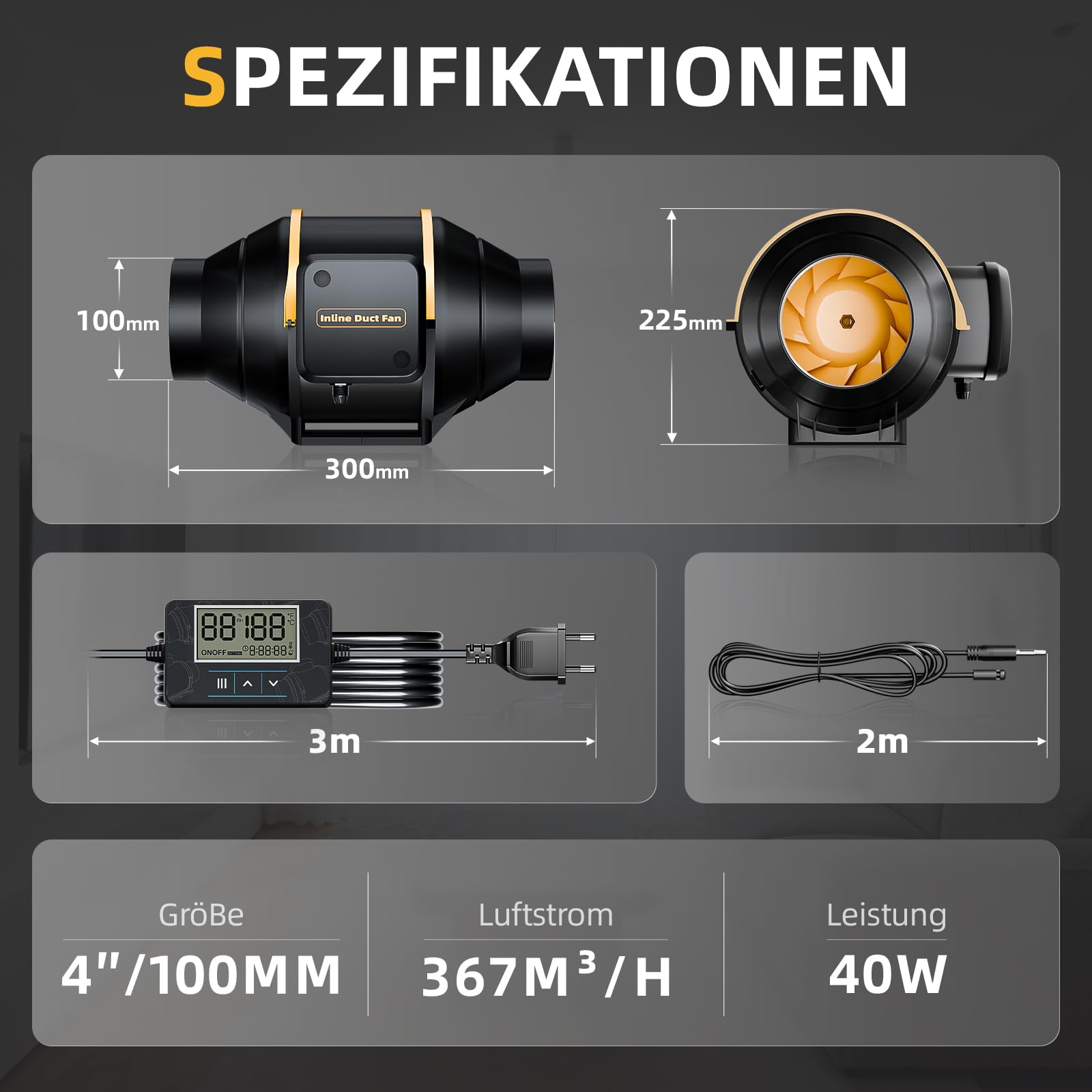 Rohrventilator 100 mm Neue Generation, Leiser Inline-Lüfter mit Timer, Temperatur- und Feuchtigkeitsregler, 367 m³/h, Kupfermotor, Überhitzungsschutz, EU-Stecker, 3 m VDE-Kabel