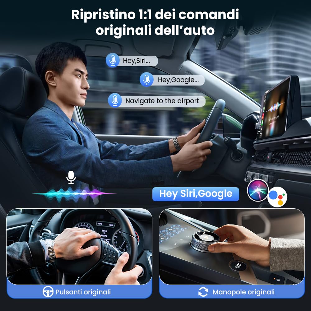 CarlinKit Adattatore auto wireless CarPlay e Android 2026, aggiorna la connessione cablata a wireless, Plug & Play con USB-A/Type-C, funziona con iPhone iOS 10+ e Android 11.0+