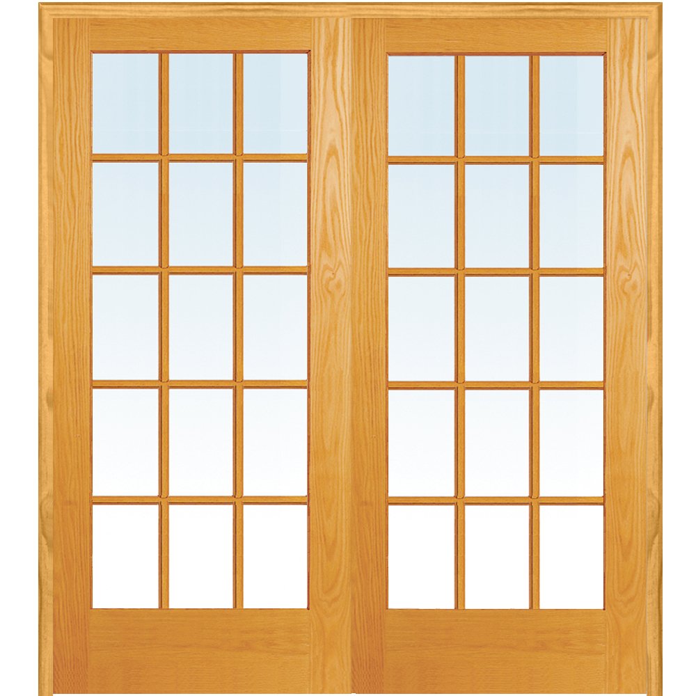 National Door Company ZZ19960BA Unfinished Pine Wood 15 Lite True Divided Clear Glass, Both Active Prehung Interior Double Door