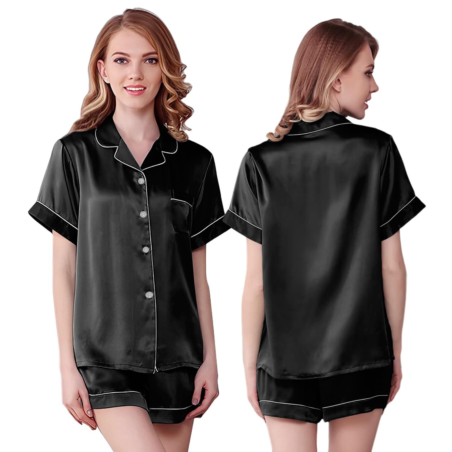 NANJUN Womens Silk Satin Pajamas Short Sleeve Sleepwear Bride Soft Button Down Loungewear 2 Piece Pjs Set XS-3XL