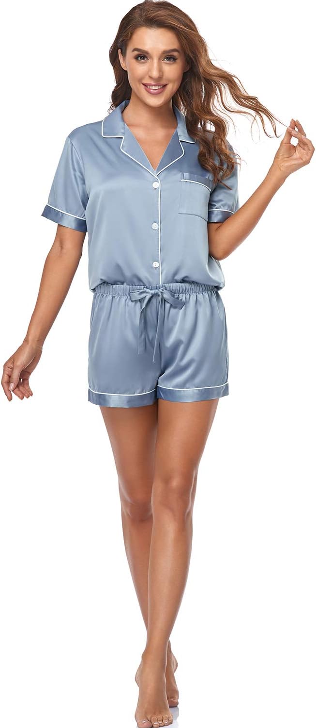 Women's Satin Pajama Set 2-Piece Sleepwear Loungewear Button Down Short Sleeve Silky PJ Set - Image 6