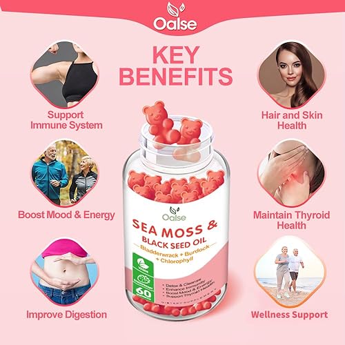 Miniatura 2 de Gomitas de musgo marino para adultos y niños con clorofila, vejiga, raíz de bardana, aceite de semilla negra, vitamina C y D3, zinc, fórmula potente