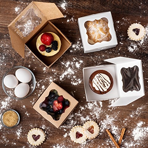 100 Pack White Bakery Box With Window 4x4x2.5 inch Eco-Friendly Paper Board Cardboard Gift Packaging Boxes for Pastries, Cookies, Small Cakes, Pie, Cupcakes, and more - by California Containers