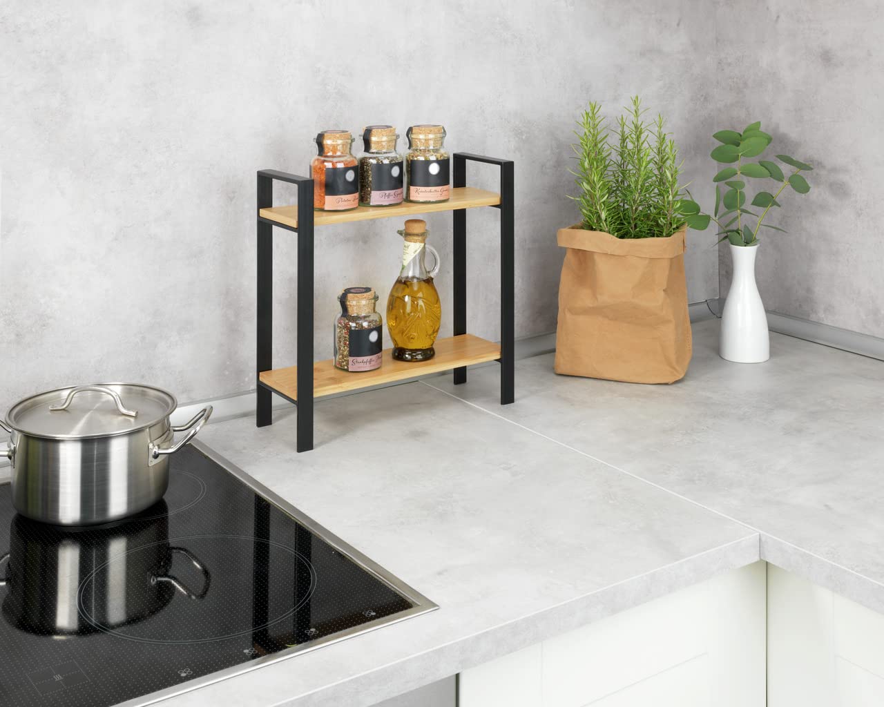 WENKO Ripiano per cucina Lou, ripiano elegante per il piano lavoro in metallo con mensole in bambù, due livelli per più spazio in cucina, (L x A x P): 32 x 33 x 11 cm, nero/marrone chiaro