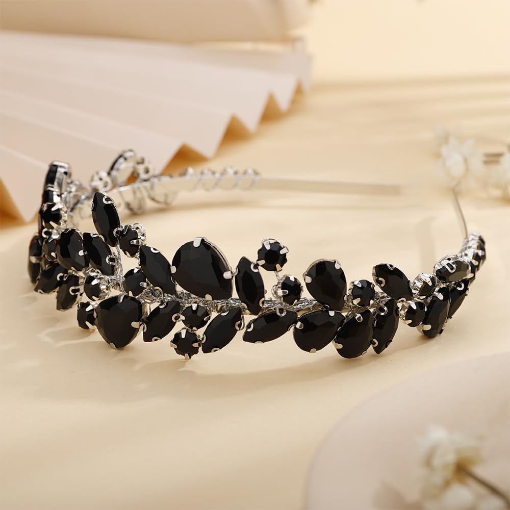 Kercisbeauty Black Rhinestones Beads Crown Women Girls Halloween Tiara Wedding Bridal Hair Piece Handmade Jewelry for Banquet Prom - Image 2