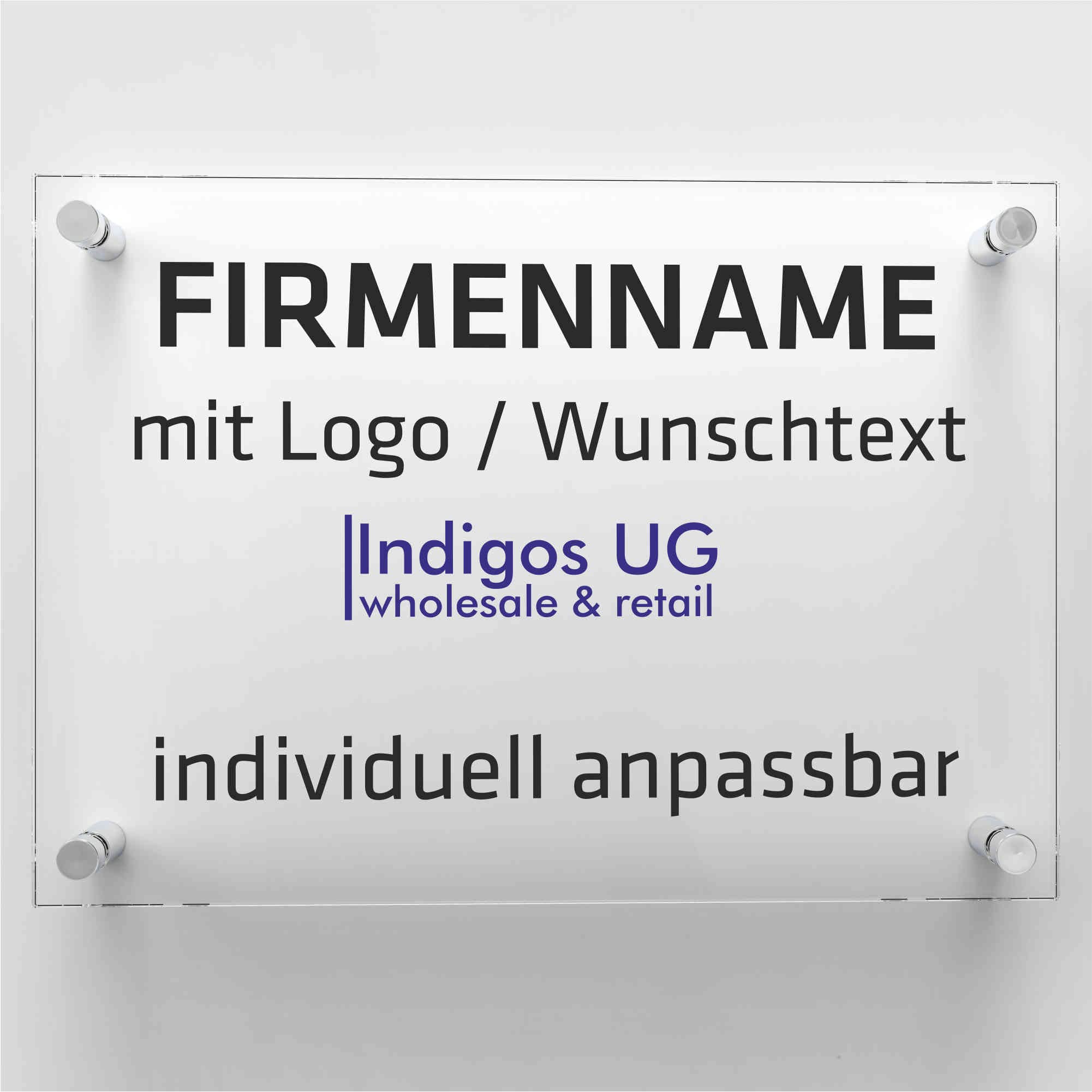 INDIGOS UG - Schilder selbst gestalten - 5mm Acrylglas Schild - 60x40 cm - Platte bedruckt mit Wunschtext - Firmenname - personalisierte Geschenke - für Firma Büro Tür Eingang Hotel