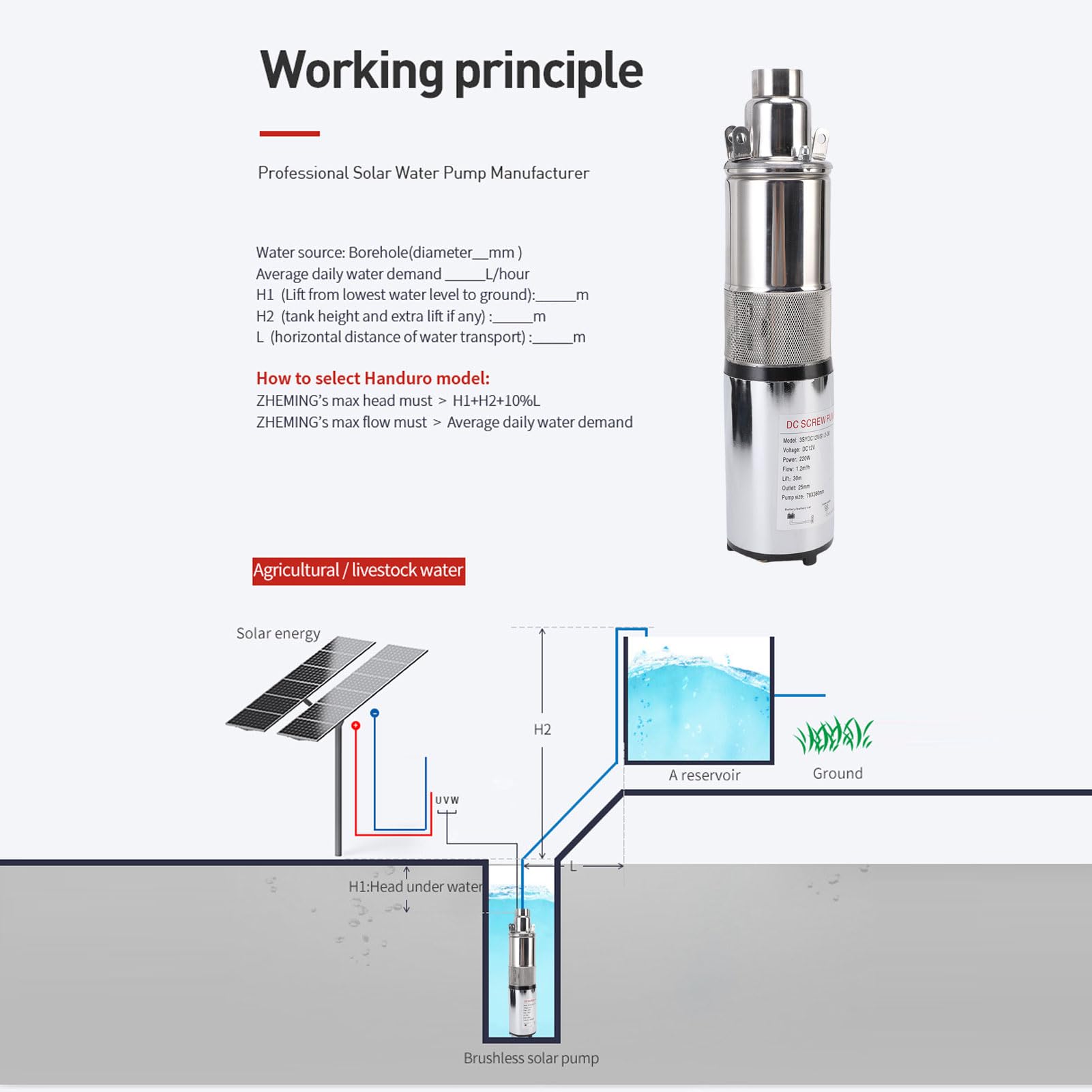 AMONIDA Pompa Sommergibile Solare per Pozzi Profondi 12V 220W, Kit Pompa per Pozzi Profondi in Acciaio Inossidabile Ad Alto Sollevamento da 30 M con Cavo di Alimentazione da 10 Metri per