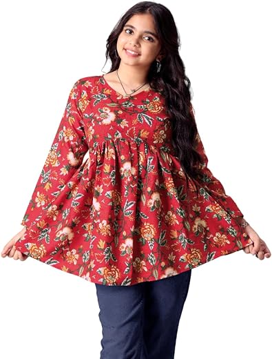Aarya DESIGNER Girls Floral Printed Pure Cotton Flared Short Kurtis