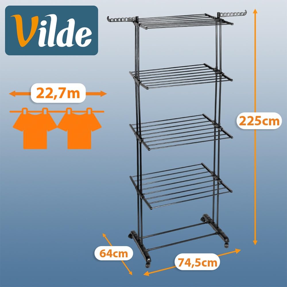 Vilde Étendoir à linge XXL 4 niveaux noir sur roulettes 74,5 x 64 x 225 cm