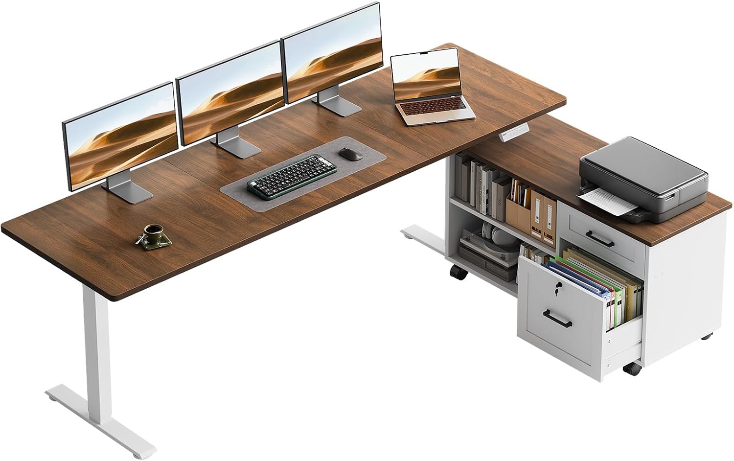 OffiGo 71" L Shaped Electric Standing Desk with Cabinet Sets, Walnut/White