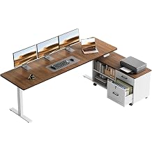 OffiGo 71" L Shaped Electric Standing Desk with Cabinet Sets, Walnut/White