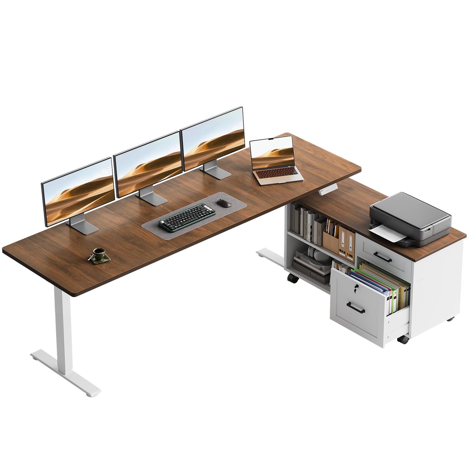 OffiGo 71" L Shaped Electric Standing Desk with Cabinet Sets, Walnut/White