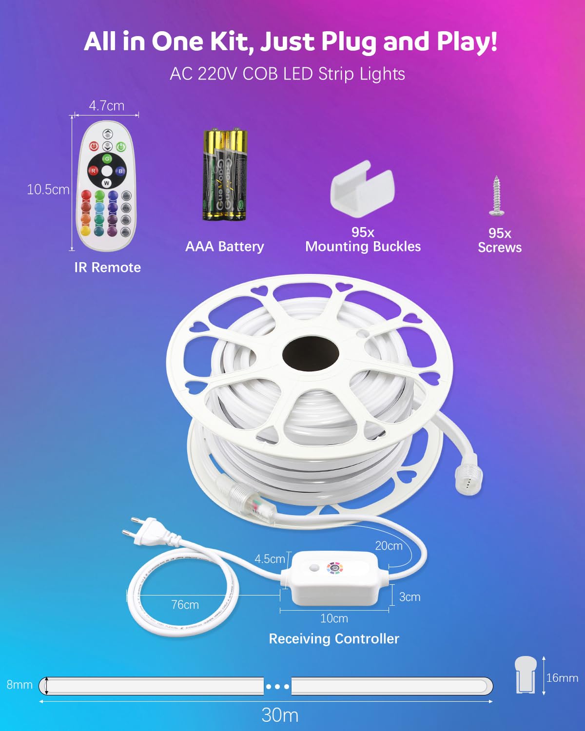 ALITOVE Tira de luces LED de neón de 30 m, 230 V, RGB, para exteriores, resistente al agua, con mando a distancia, cambio de color, 80 ledes/m, para exteriores, para jardín, piscina, fiesta,