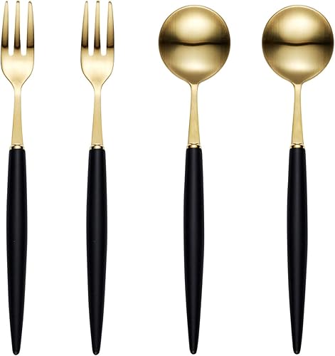 Bogen Eiffel - Juego de cubiertos de acero inoxidable 1810 de 4 piezas, incluye 2 cucharas de té y 2 tenedores de té (color dorado negro)