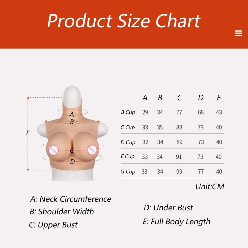 Crossdressing Breast Forms High Collar Silicone Breast Plate B-G Cup Fake Boobs Filled with Elastic Cotton Ivory White,E Cup