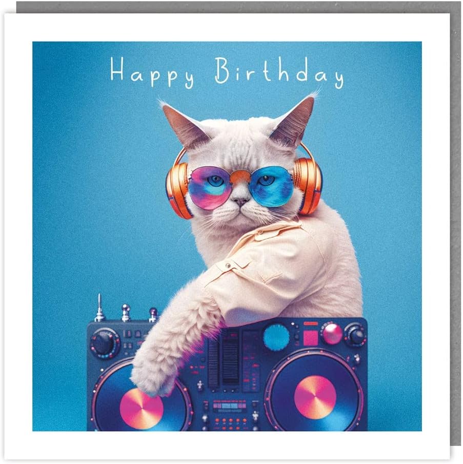 Tracks Publishing General Male/Female Funny Birthday Card - DJ Cat in Headphones and Sunglasses - Eco-Friendly & Recyclable - Made in the UK