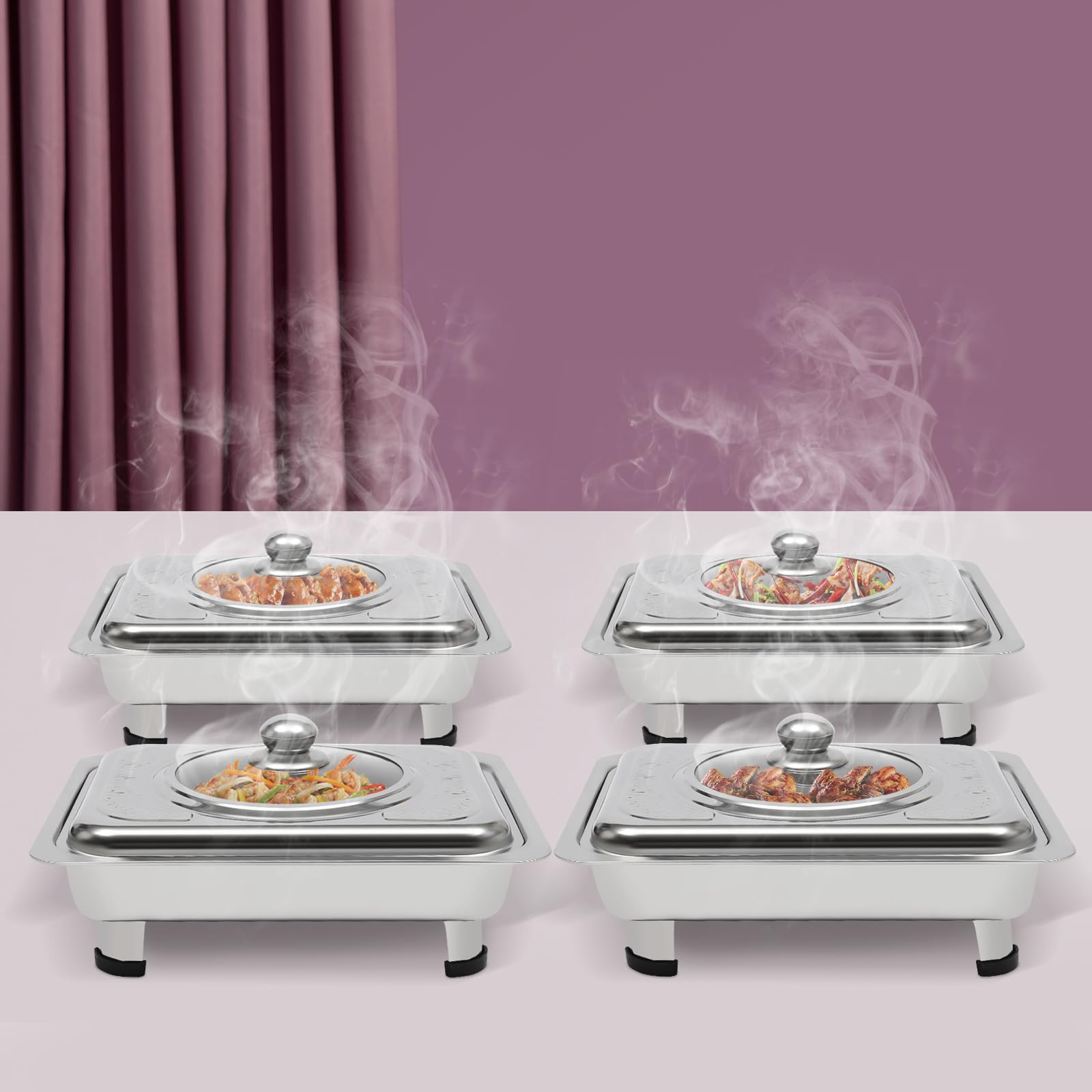 Set di 4 ciotole per buffet in acciaio inox con piedini rimovibili, 33,5 x 27,5 cm, per catering, matrimoni ed eventi (argento)