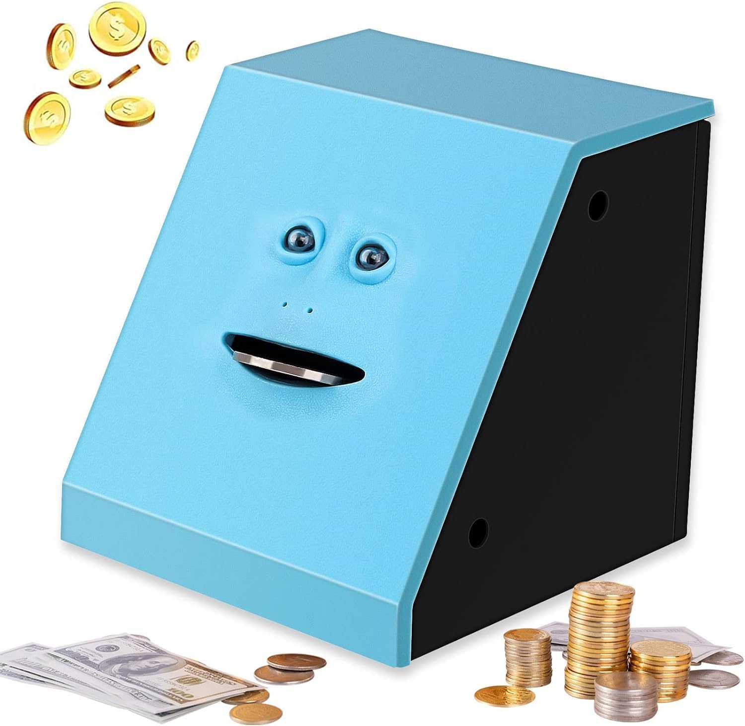 Face Bank, Piggy Bank Coin Eater Funny Bank, sunsbell Money Eating Coin Bank Piggy Bank Boalord, Battery Powered Money Saving Box, Wacky Coin Jar Face Coin Bank - Blue
