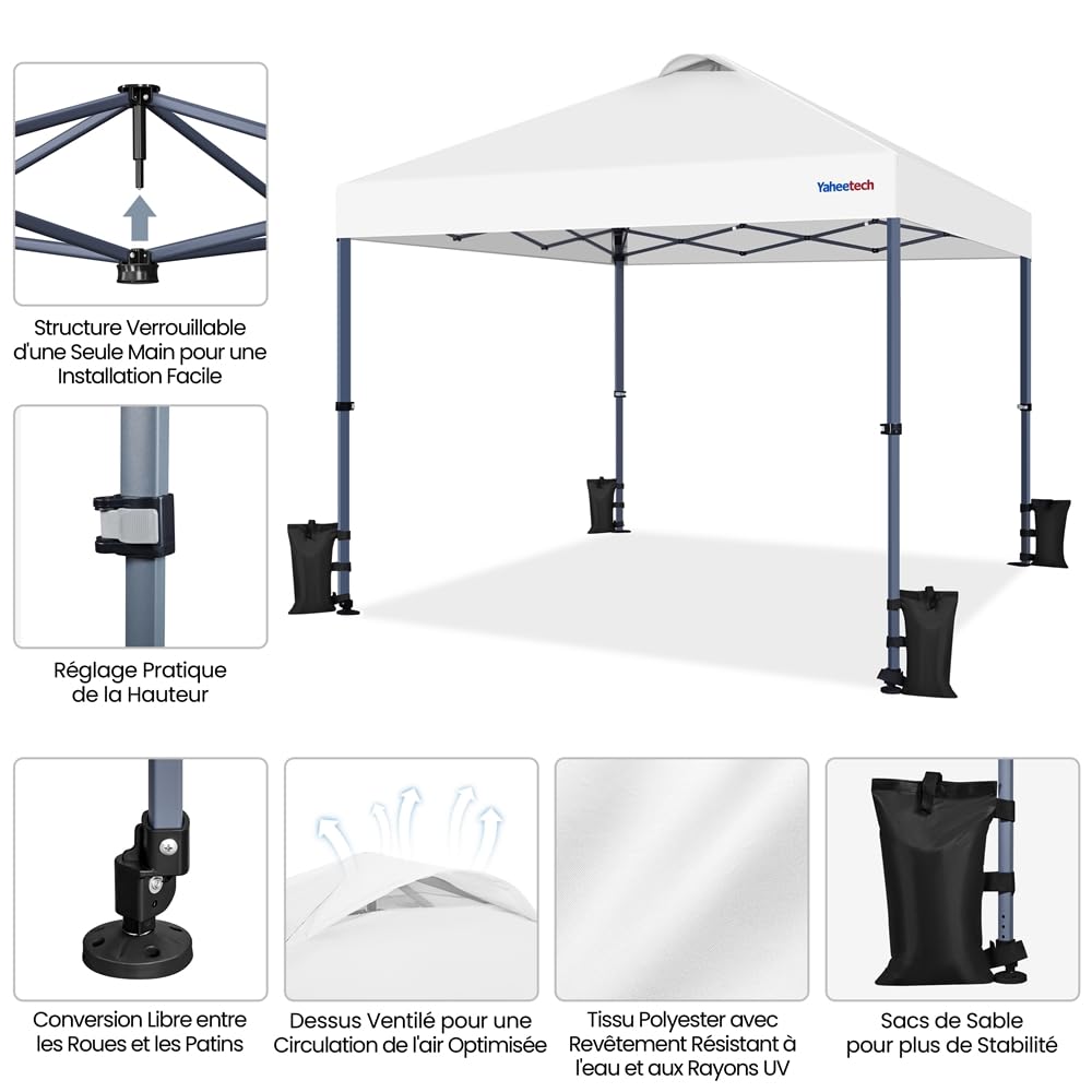 Yaheetech Tonnelle de Jardin 3x3, Tente d'Extérieur Pop-up UV 50+ avec Sac de Transport à roulettes Blanc