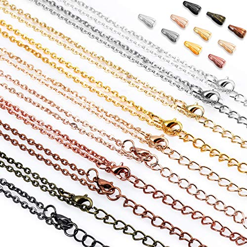 50 Pieces 10 Colors Brass Necklace Chains 20 Inch/ 50 cm Link Cable Chain Necklace with Lobster Clasps and 50 Pieces Pinch Clasp Bails Dangle Charms for Jewelry Making
