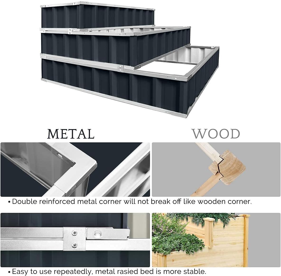 KING BIRD 3 Tiers Raised Garden Bed Dismountable Frame Galvanized Steel Metal Patio Garden Elevated Planter Box 46" x 46" x 23.6" for Growing Vegetables Flowers (Dark Grey)