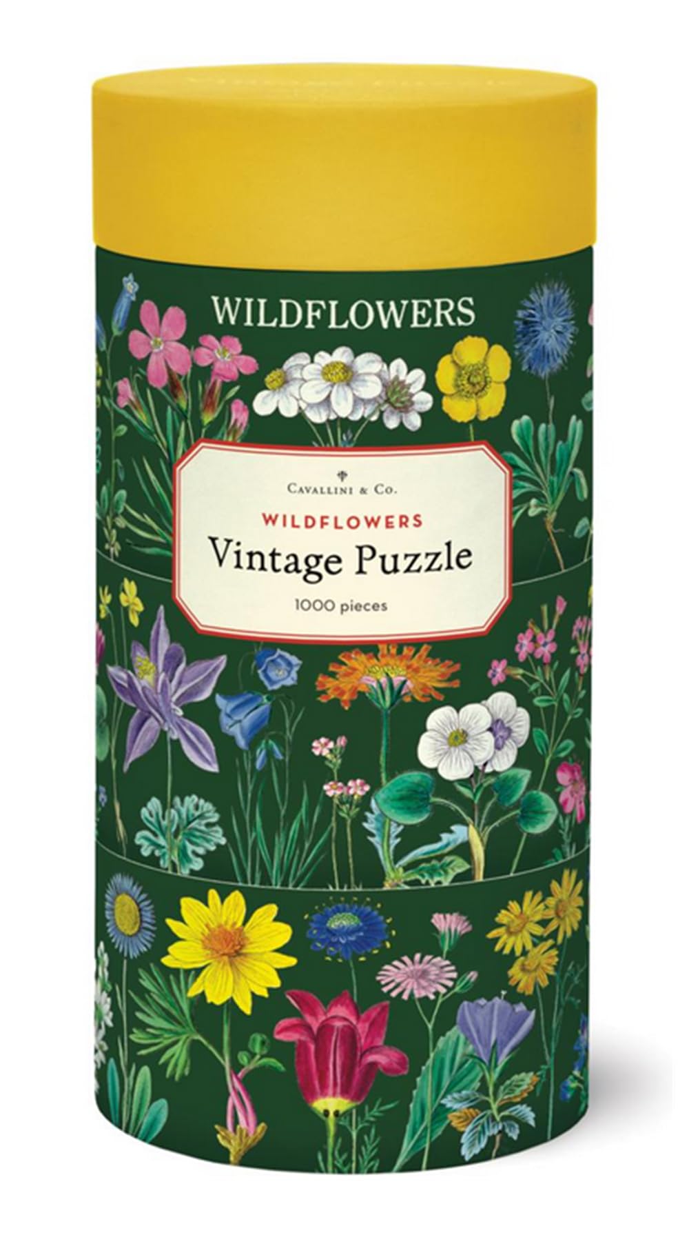 Cavallini & Co. Puzzle Vintage De 1000 Piezas – Wildflowers En Tubo De 25 Cm, Bolsa De Almacenamiento De Gasa Cosida A Mano