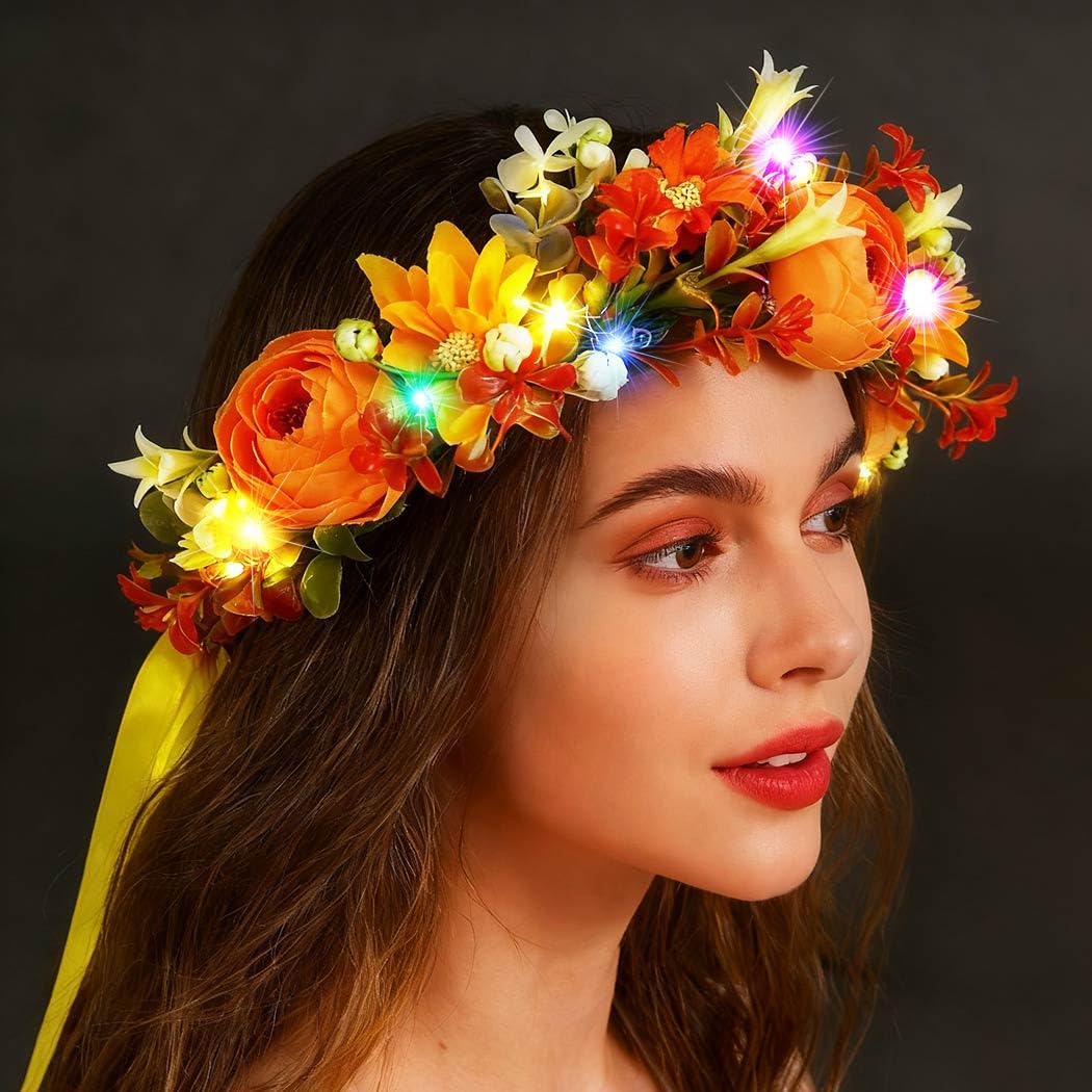 Atigy Light Up Flower Headbands LED Wreath Head Garland Floral Festival Hair Accessories for Women, Gold - Image 3