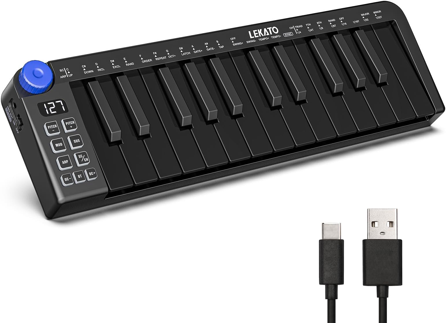 LEKATO 25 Key MIDI Keyboard, Mini MIDI Controller USB Bluetooth MIDI Keyboard with Velocity-Sensitive Mini Keys, 360 Knob and Music Production, Small MIDI Keyboard, Rechargeable Portable
