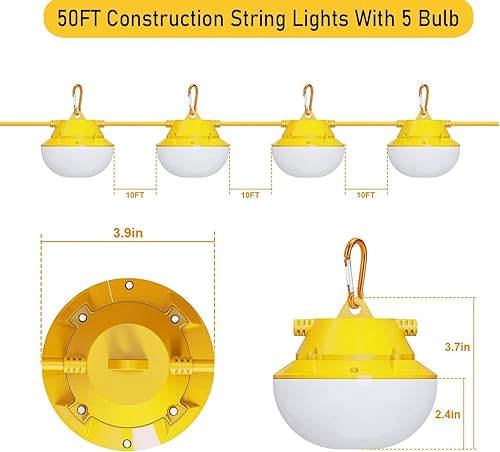 Miniatura 2 de Cadena de luz de construcción de 50 pies, 80 W, 5000 K, brillante, 8000 lúmenes, luces de trabajo para construcción temporal, sitio de trabajo,