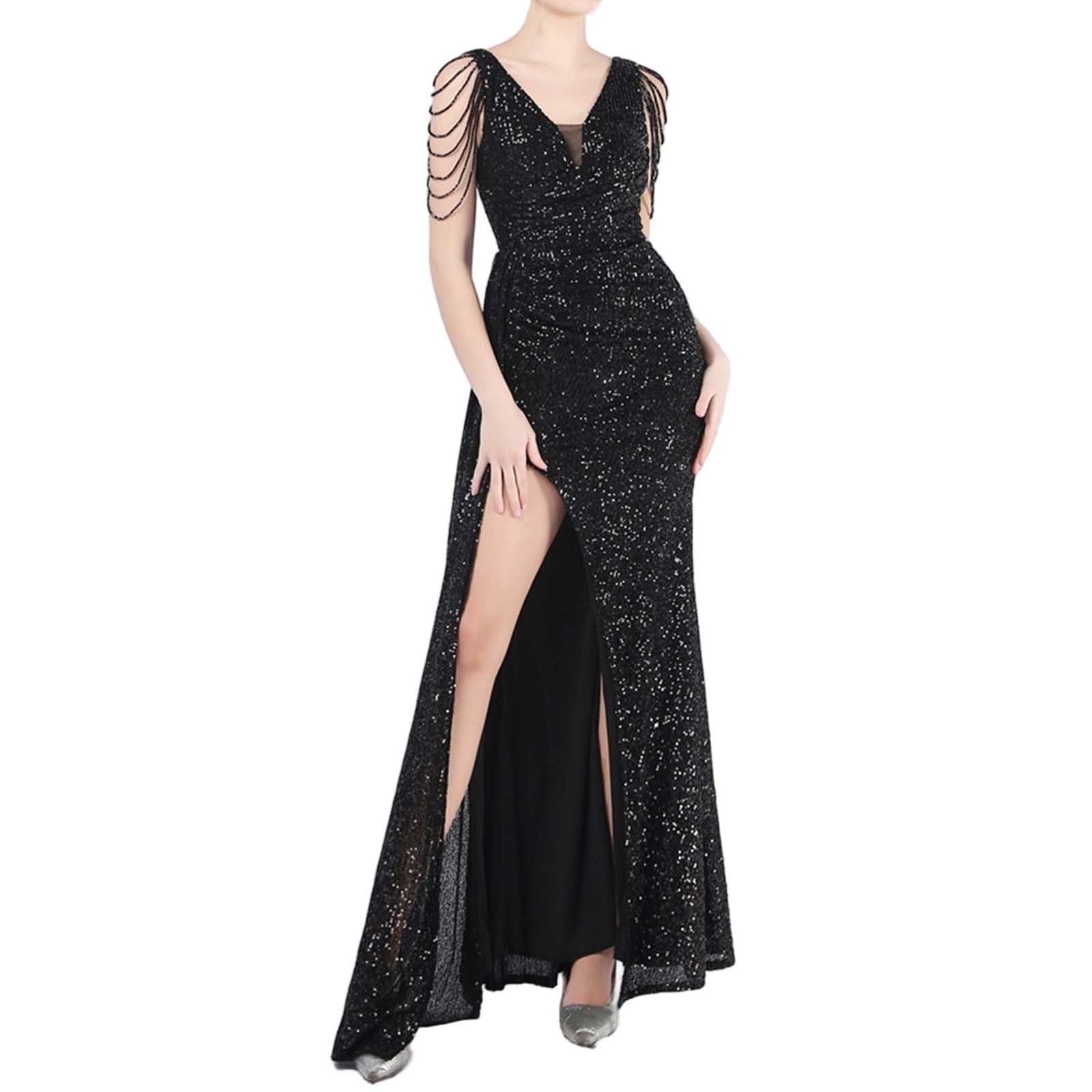 Abito da ballo da donna vintage con paillettes, in rete, con scollo a V, sexy, schiena scoperta, estivo, comodo, elegante, per il tempo libero, feste, abito da sera avvolgente