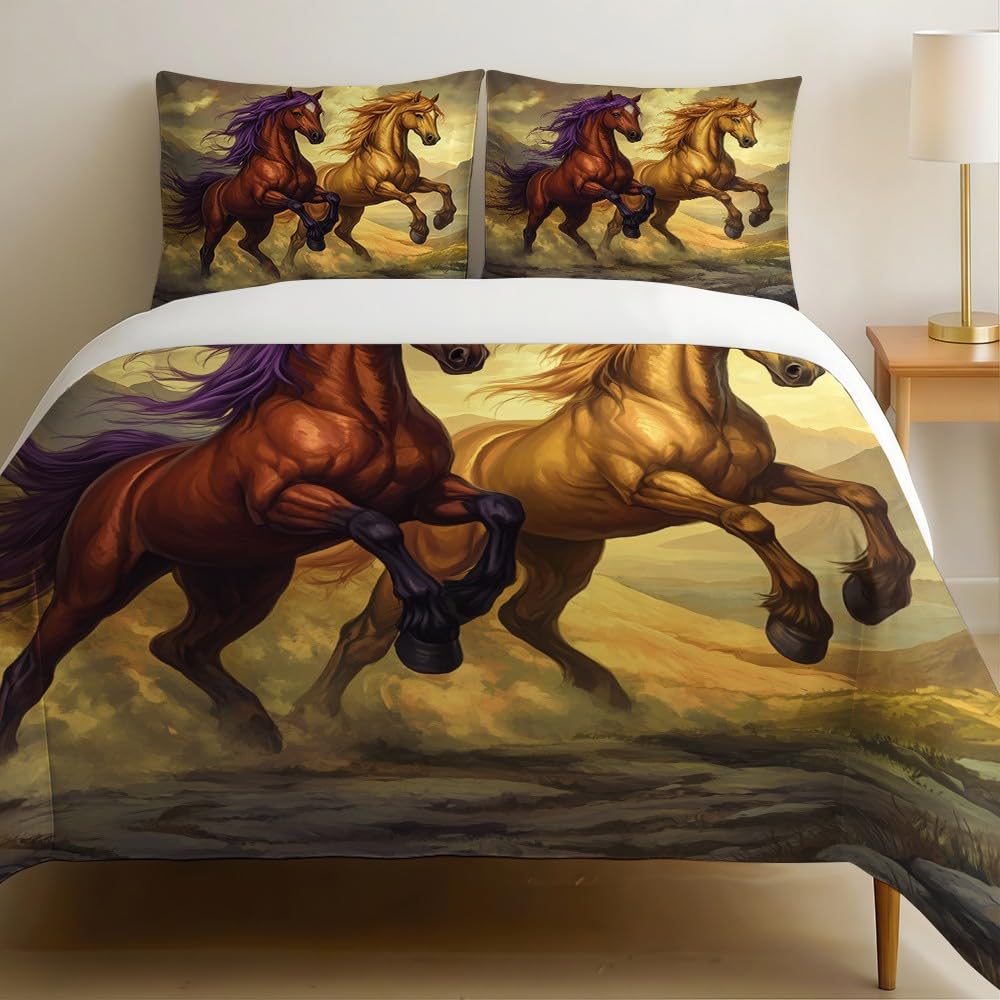 Housse de couette 240 x 260 cm chevaux linge de lit 2 personnes marron microfibre taies