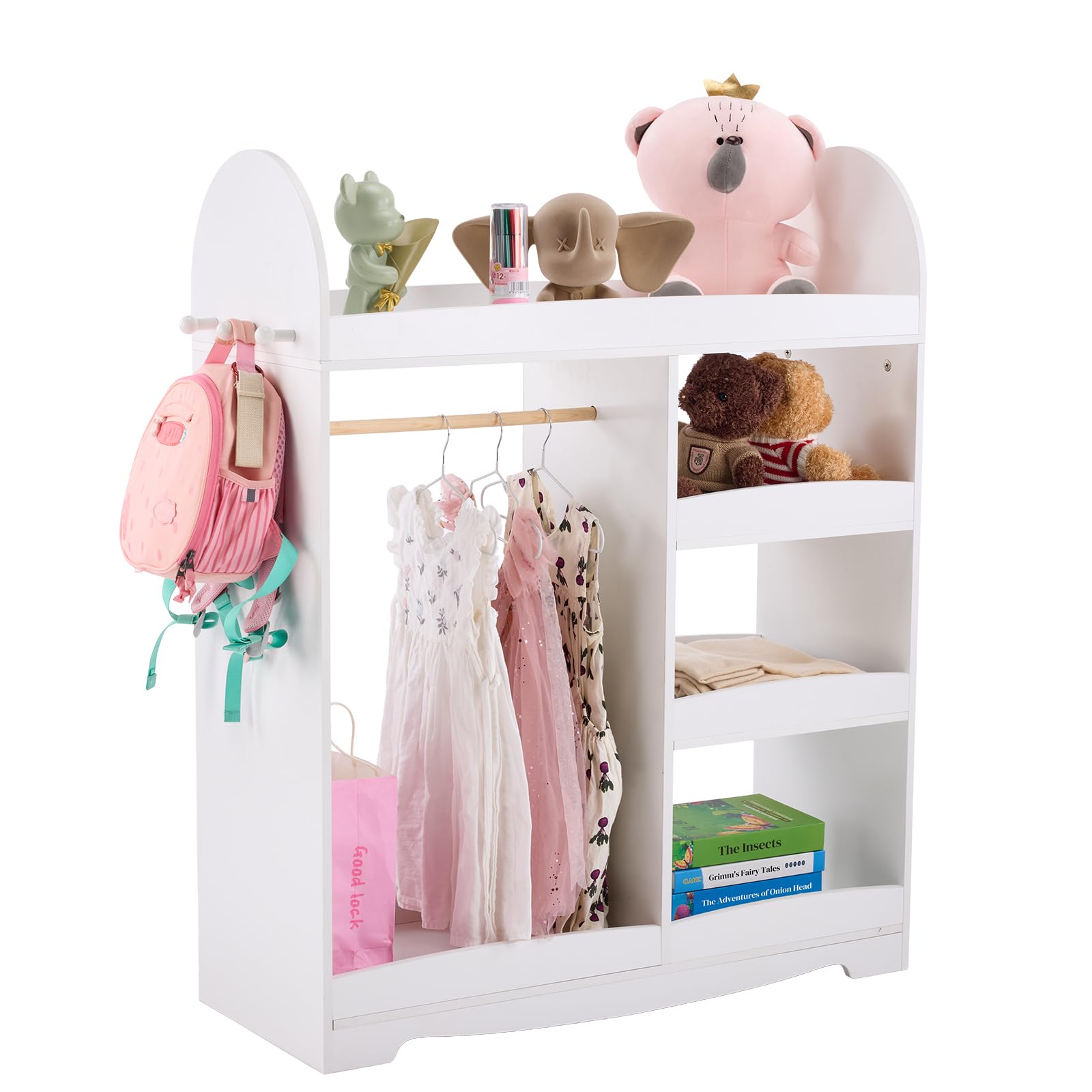 LALAHO Armoire Enfant avec Portant Vêtements Garde-Robe，Dressing penderie Enfant avec 4 Étagères et 3 Crochets（Blanc）