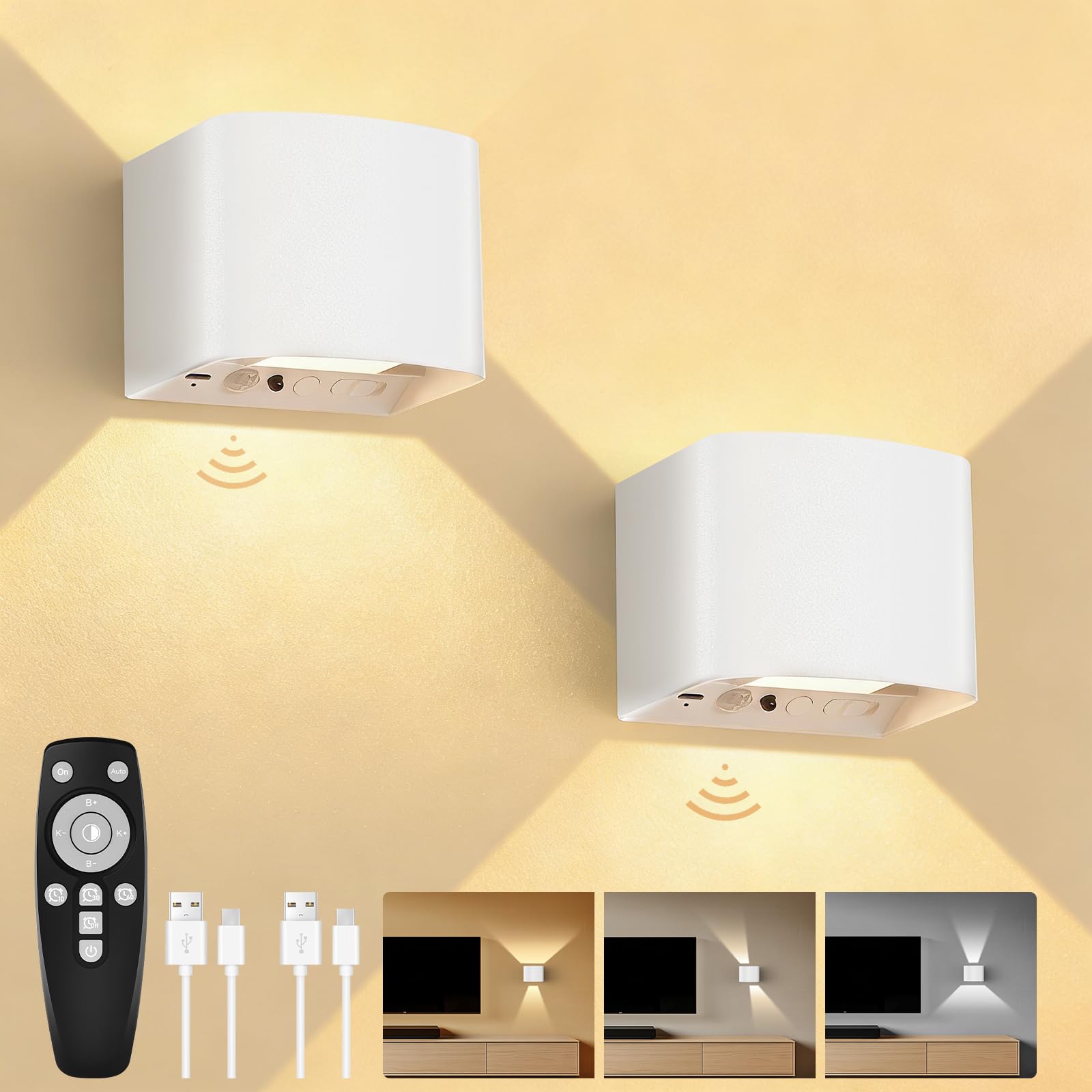 GeyouLux 5000mAh Akku Wandleuchte Innen mit Bewegungsmelder, Wandlampe mit Fernbedienung Einstellbar Abstrahlwinkel, 3 Modi 2700K-6500K Dimmbar Timer LED Aufladbare Wandleuchte für Treppe Flur 2 Stück