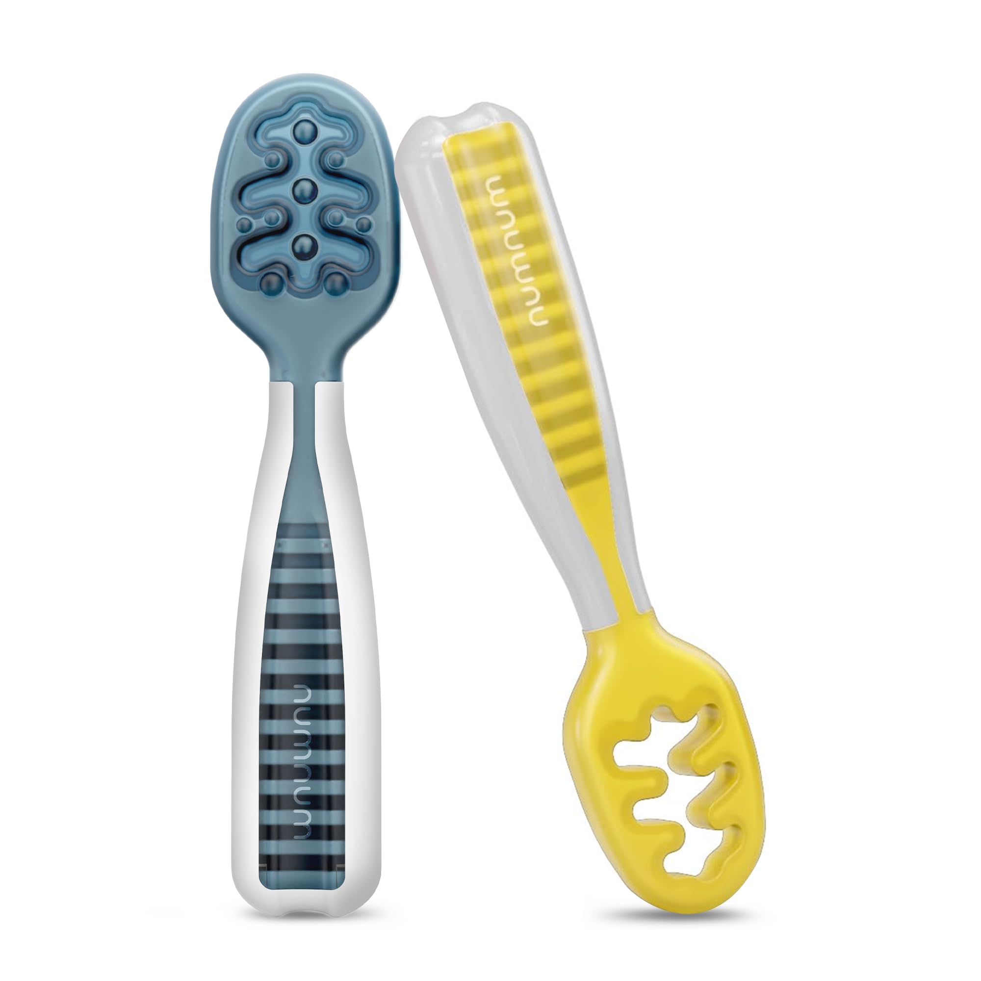 NumNum Baby Spoons Self Feeding 6 Months, 2-Pack Blue/Yellow