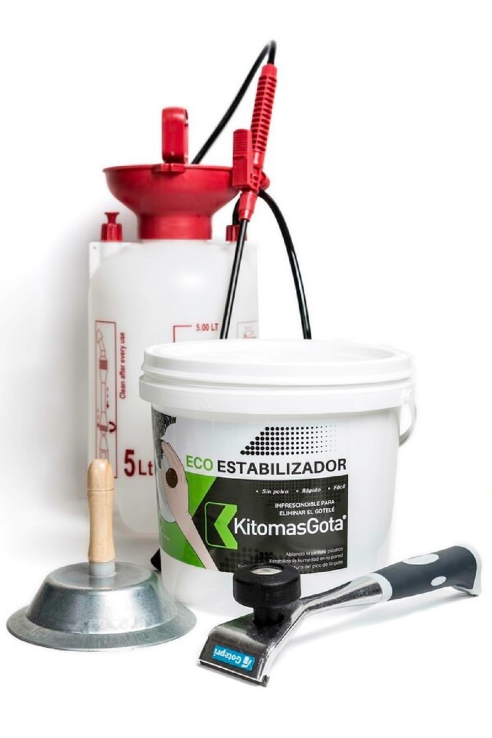 Quitar Gotele Brico. Incluye Ecoestabilizador 5kg/15kg, Cazoleta Redonda 150mm, Rasqueta Plana Carburo de Tungsteno 50mm/63mm, Sulfatadora de Presion 5L (15KG/50MM)