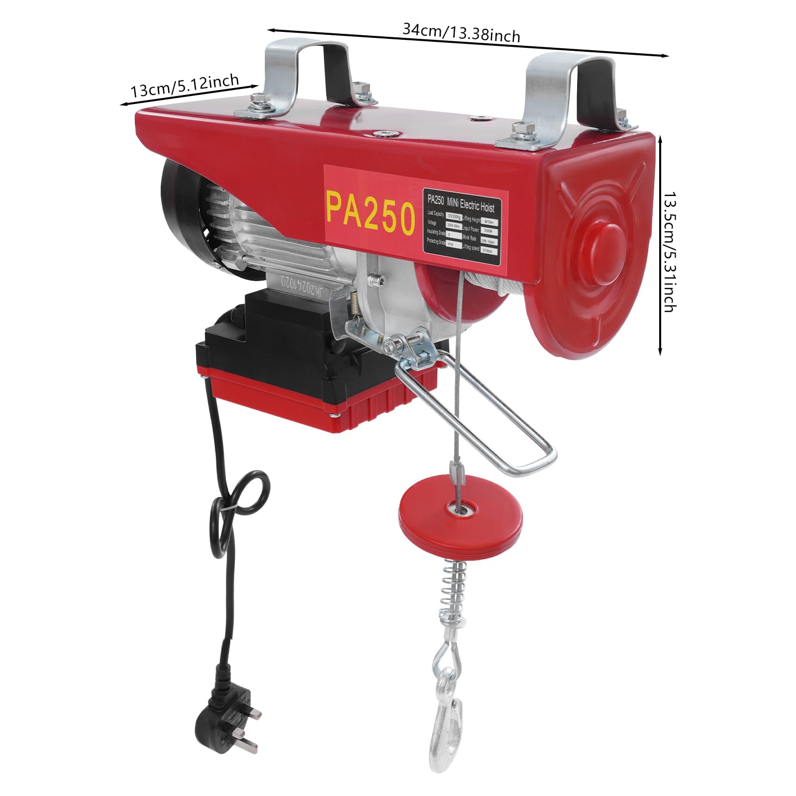 Sollevatore elettrico, 550 W 220 V, argano elettrico sopraelevato con telecomando, due imbracature e limitatore, carico 250 kg, verricello elettrico da 12 m per garage magazzini