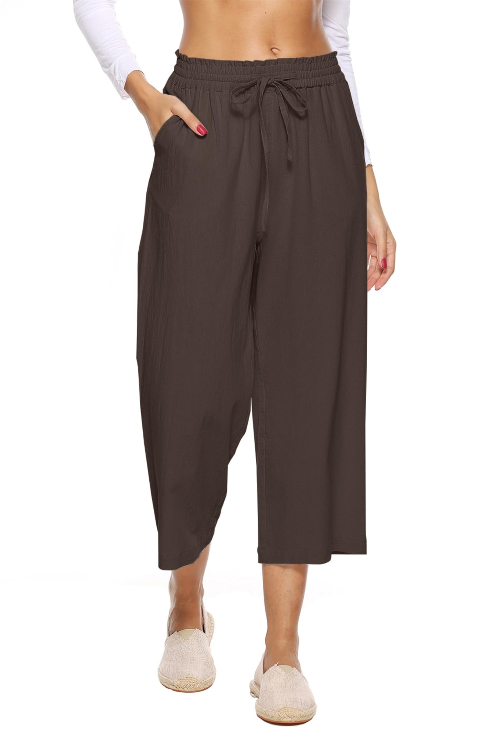 LNX Womens Linen Capri Pants Wide Leg High Waisted Drawstring Casual Cropped Pants with Pockets