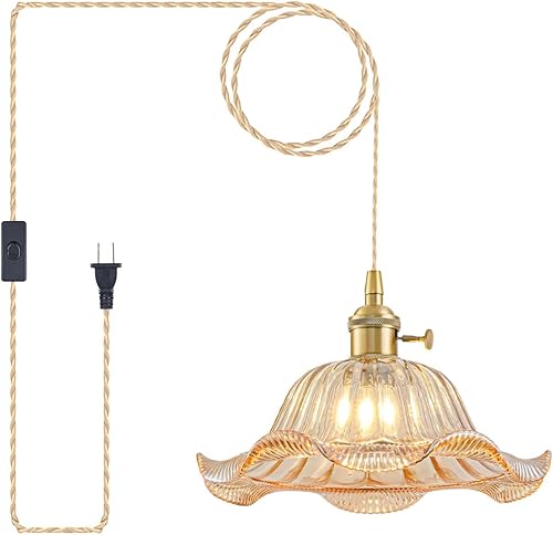 Miniatura 8 de Lámparas colgantes vintage para isla de cocina, lámparas colgantes de latón ajustables con pantalla de vidrio de lirio ámbar, iluminación colgante