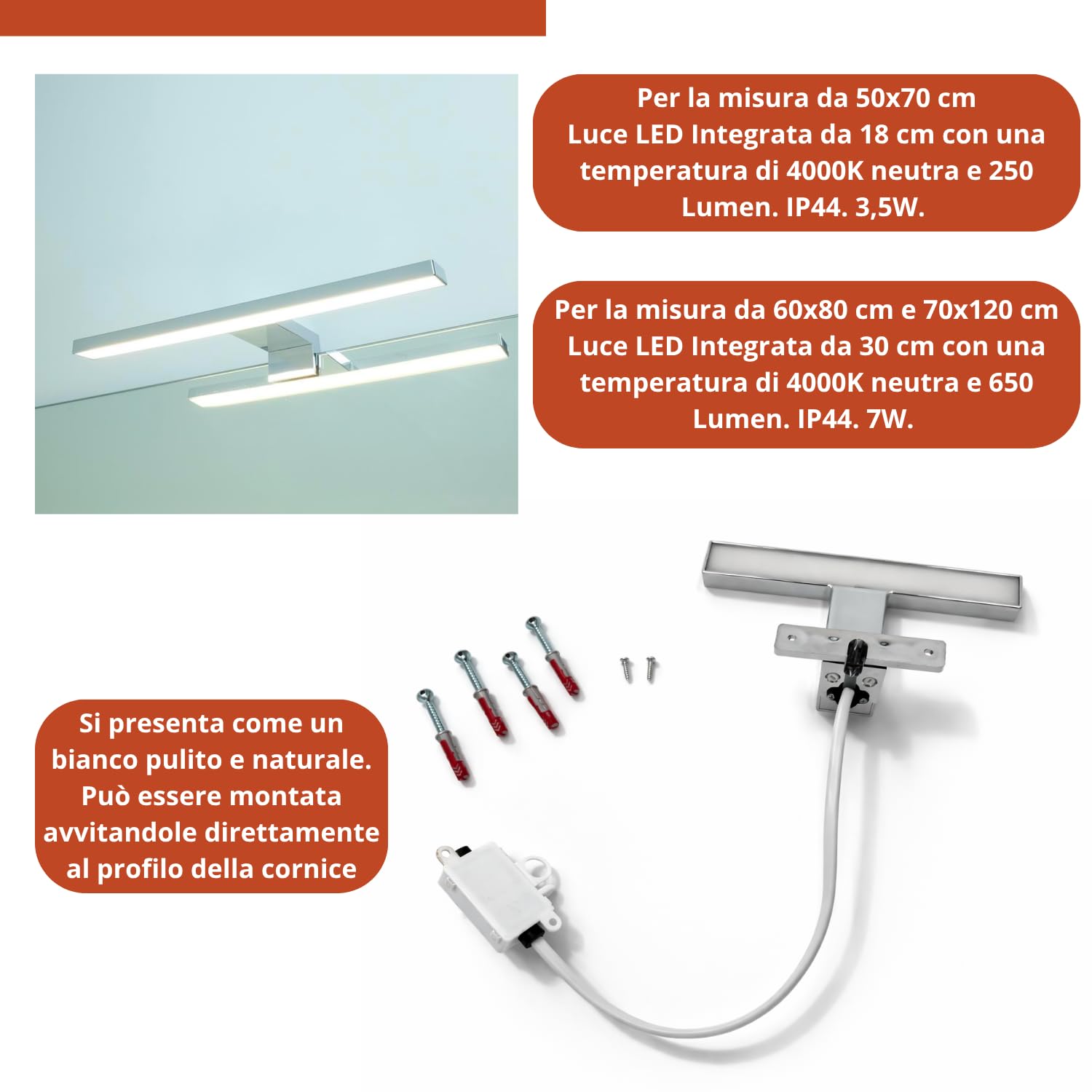 eacommerce Specchio Bagno LED con Lampada Integrata, Doppio Telaio in PVC e Alluminio, Installazione Verticale e Orizzontale, Luce Naturale a Risparmio Energetico, Design Moderno (50x70 cm)