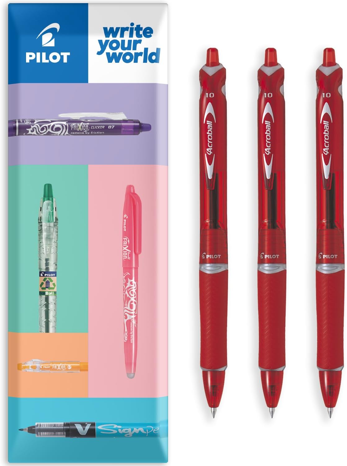 Pilot Acroball Retractable Ballpoint Pen - Begreen Range 79% Recycled - Pack of 3 Pens - Medium 1.0mm Nib - Ideal for Writing, School, Home, Revision, Office. (Red)