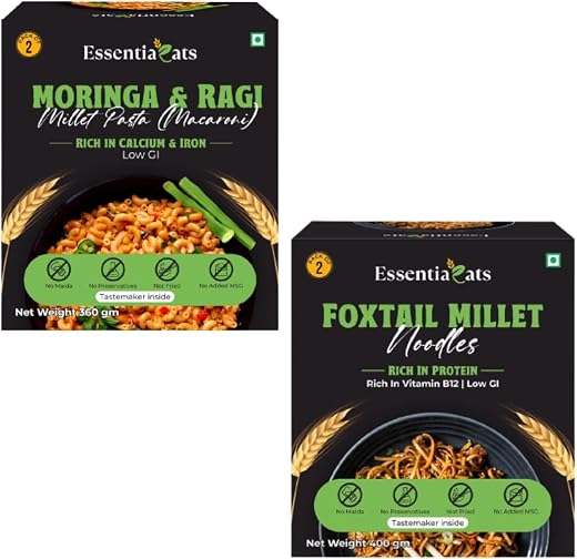 Essentiaeats Healthy Foxtail Millet Hakka Noodles &amp; Moringa Ragi Pasta Macaroni | No Maida, Low GI, Not Fried, No Preserva...