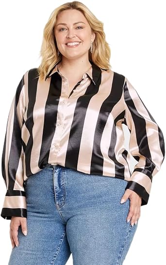 Ava & Viv Womens Long Sleeve Satin Button-Down Shirt -