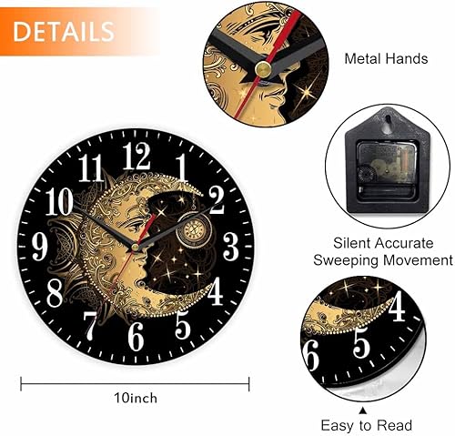 Miniatura 2 de Mxocom Reloj de pared con luna creciente, estilo bohemio, elegante, con sol dorado, étnico, retro, noche, negro, 10 pulgadas, silencioso, sin