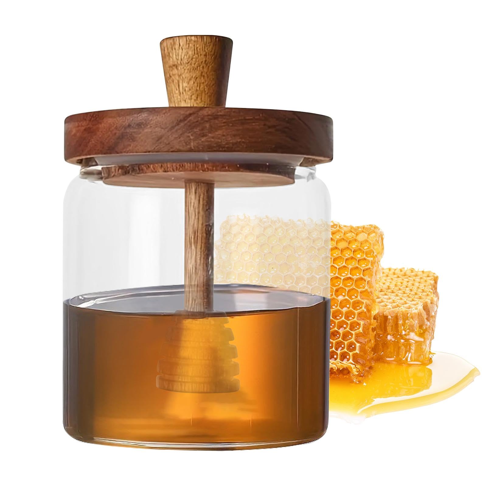 Honey Jar - 500ml Glass Honey Jar Holder Dispenser with Wooden Cover Glass | Wooden Lid Honey Storage Pots | Glass Honey Jar With Dipper | Container Dipper Lids for Storing Honey and Syrup