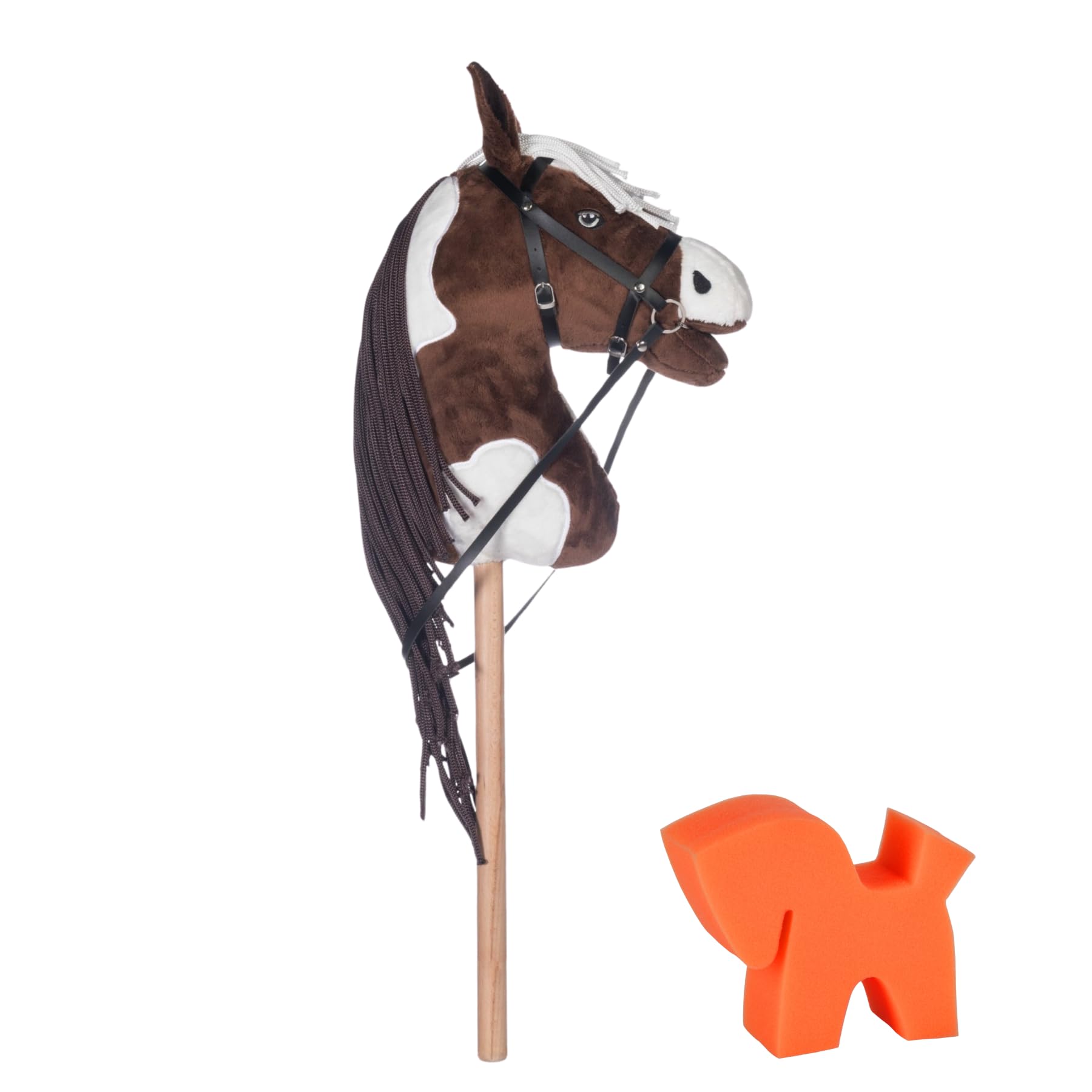 RL24 HKM - Hobby Horse Trixie inkl. Putzschwamm – Steckenpferd mit Trense – Spielpferd aus Plüsch mit Holzstock & Langer Mähne – Stockpferd ohne Griffe & Rollen – braun/weiß