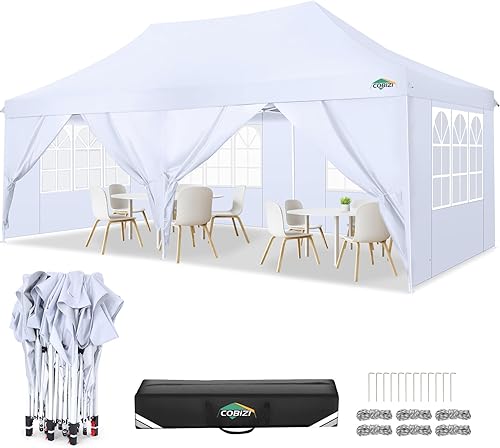 COBIZI Tienda de campaña desplegable de 10 x 20 pies, toldos de fiesta al aire libre con 6 paredes laterales extraíbles, techo elevado mejorado y