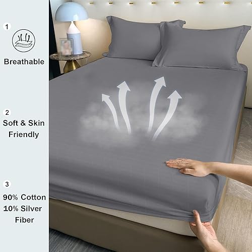Miniatura 5 de Grounding - Sábanas de cama individual con bolsillo profundo, sábanas de algodón de fibra plateada, sábanas conectadas a tierra (39 x 80 x 14