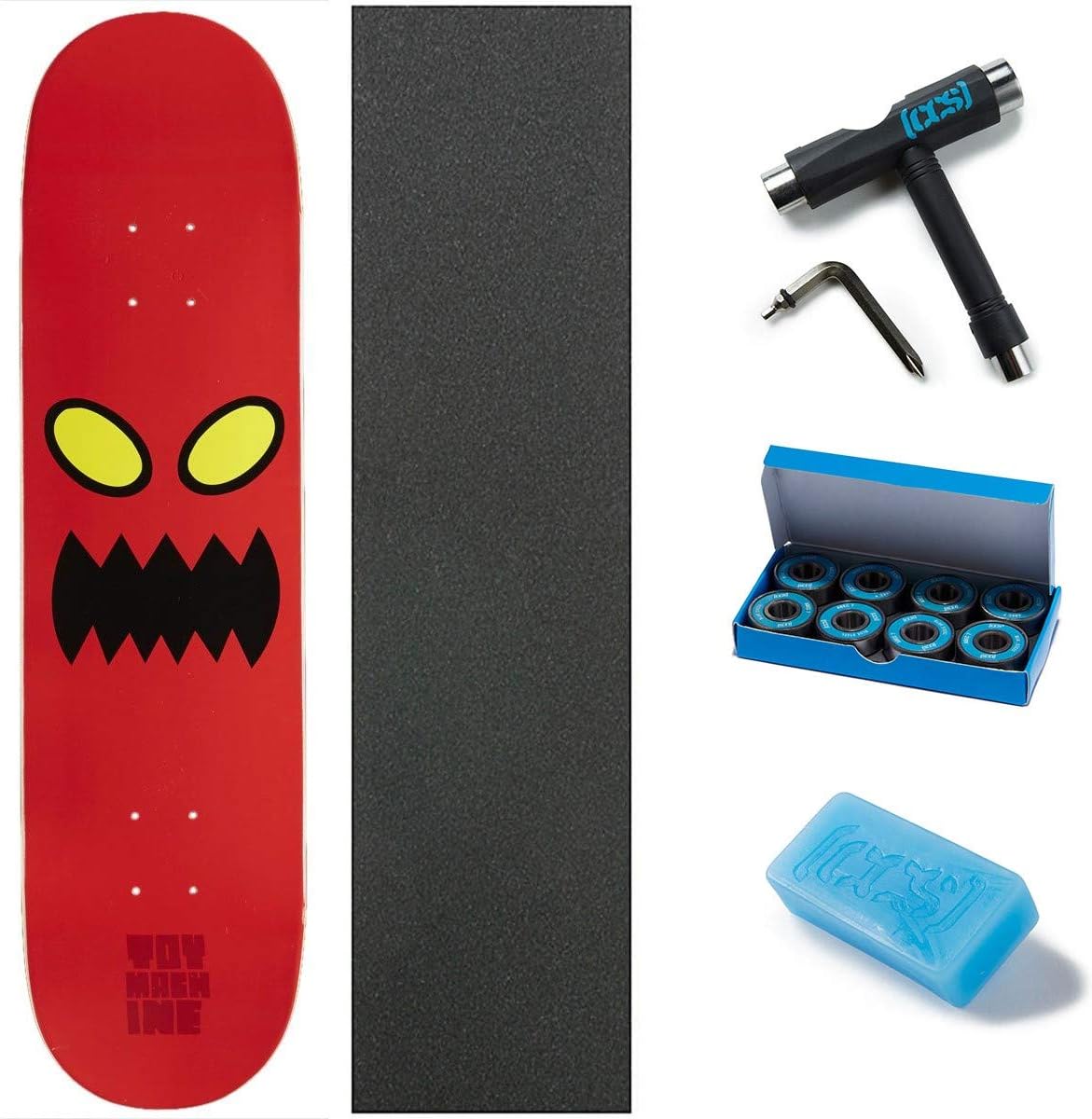 Toy Machine Monster Face Skateboard Deck - 8.0 W/Mob Grip, CCS Skate Tool, Wax, and ABEC 7 Bearings