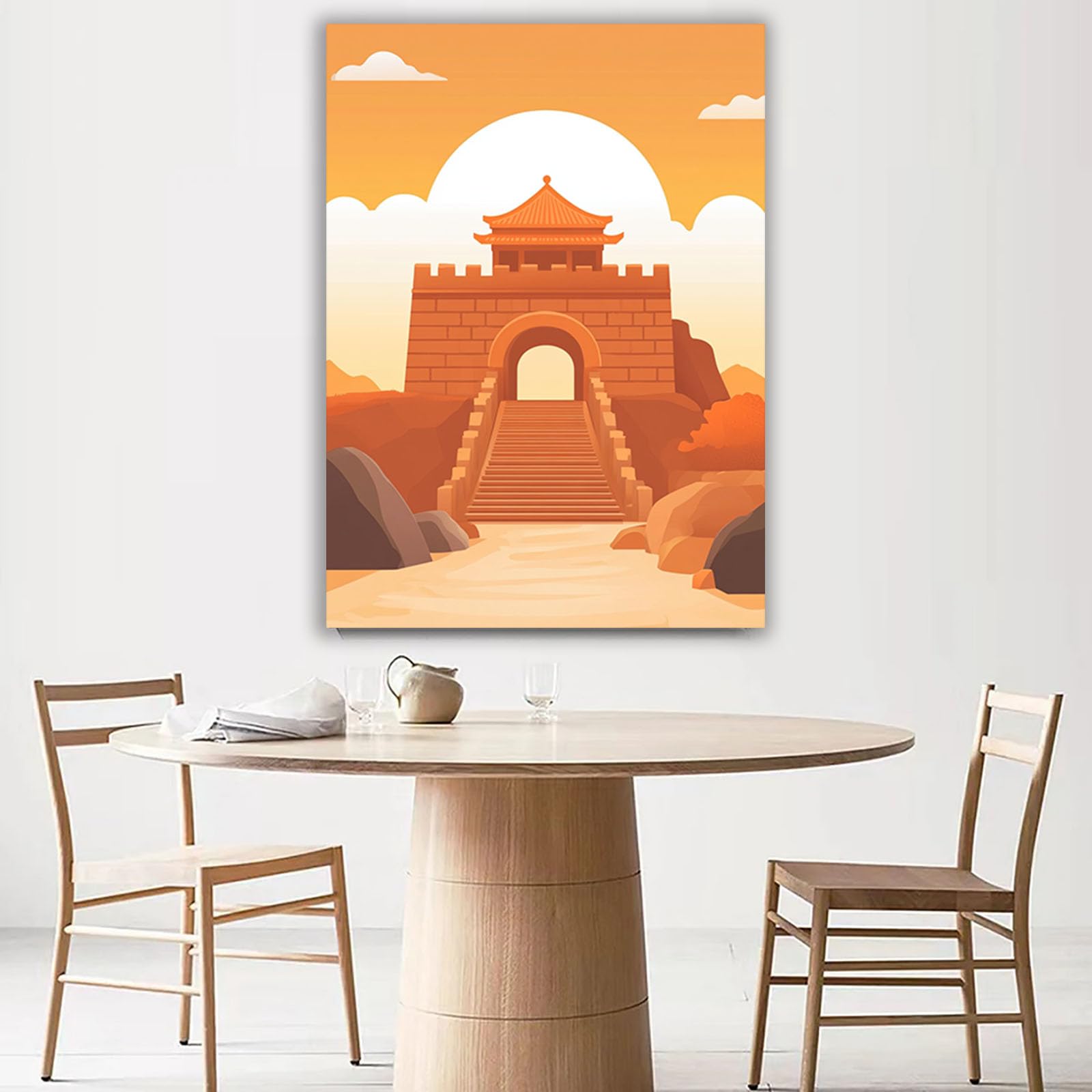 WUFIEA Azjatycka sztuka ścienna tradycyjny chiński obraz pomarańczowy przełęcz zmierzch do dekoracji domu salonu sypialni (colore arancione)-70 x 100 cm oprawiony